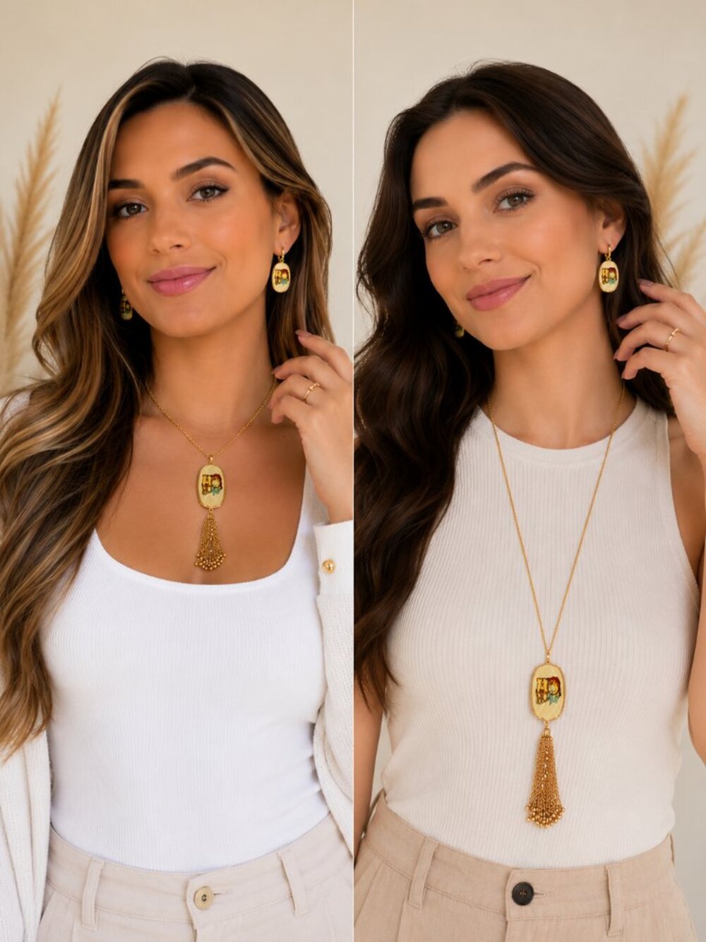 Gold Tone Necklace Earrings Set with Plaid Design